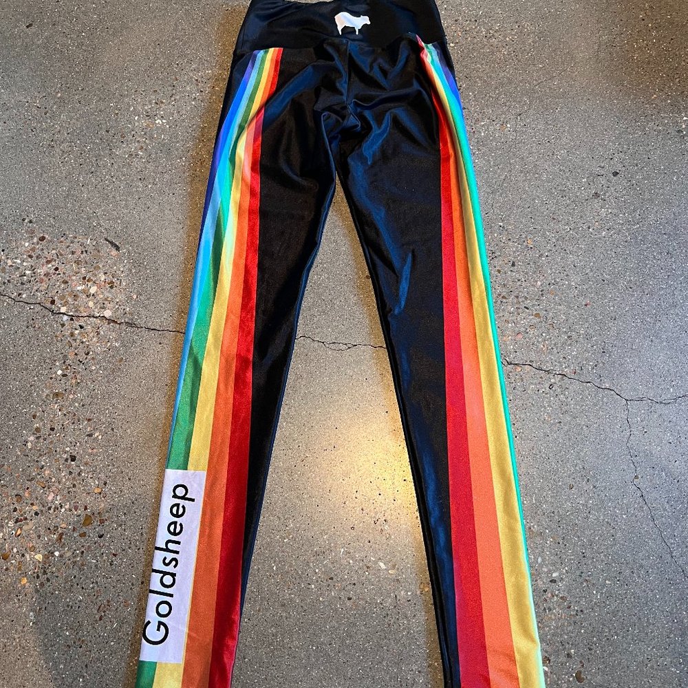 Goldsheep leggings, XS.  Black with retro rainbow stripes.